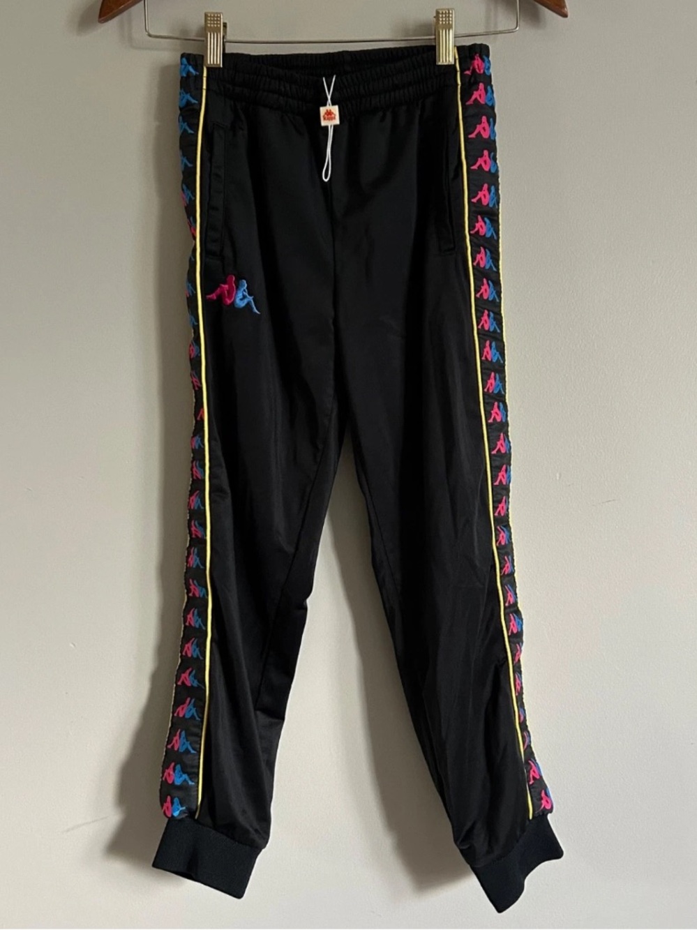 Kappa 222 Banda Taggart Track Pants Kids Size 10 Years Black Logo Pink Blue